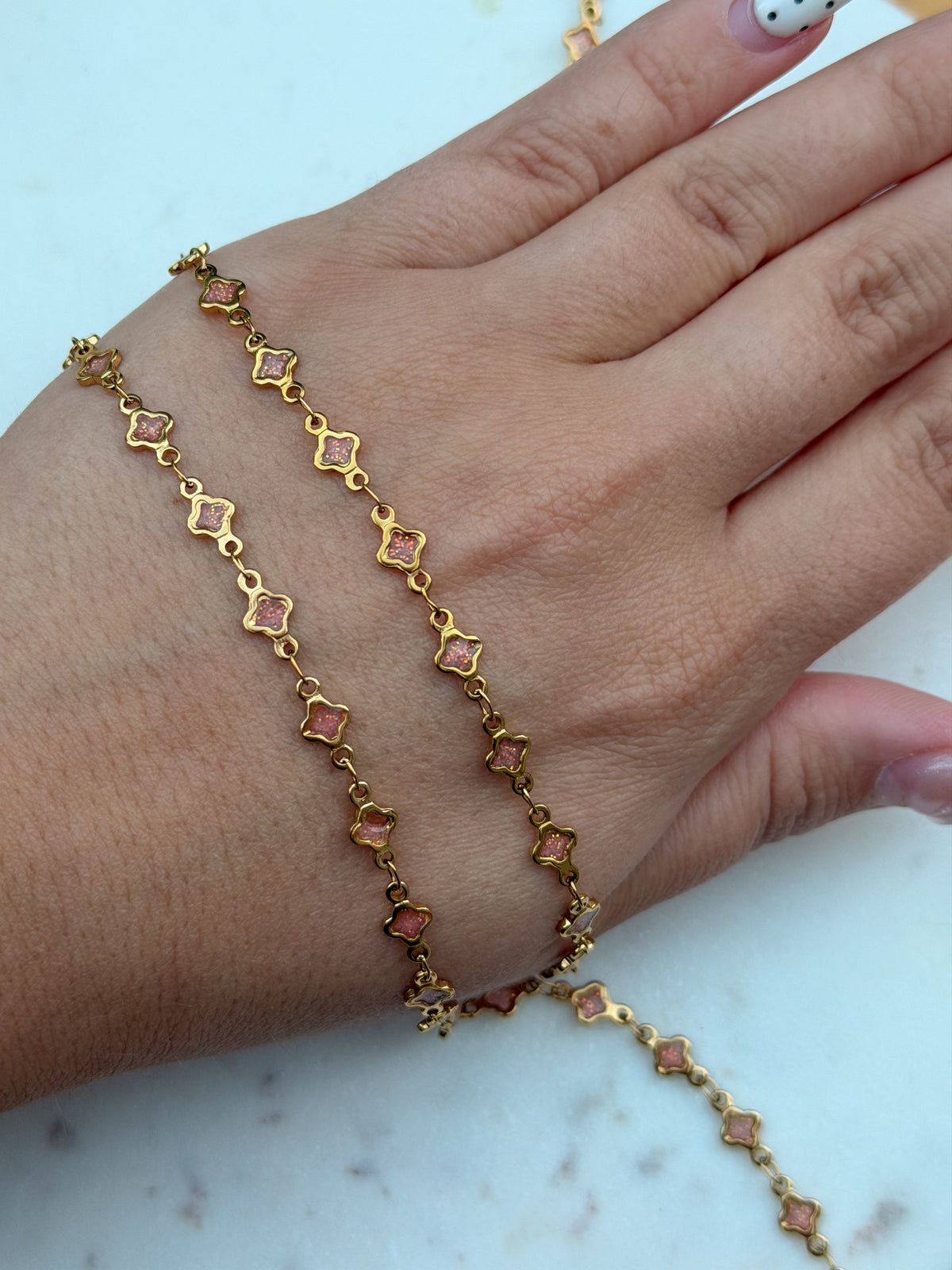 Stainless Steel Gold Pink Enamel Clover Chain