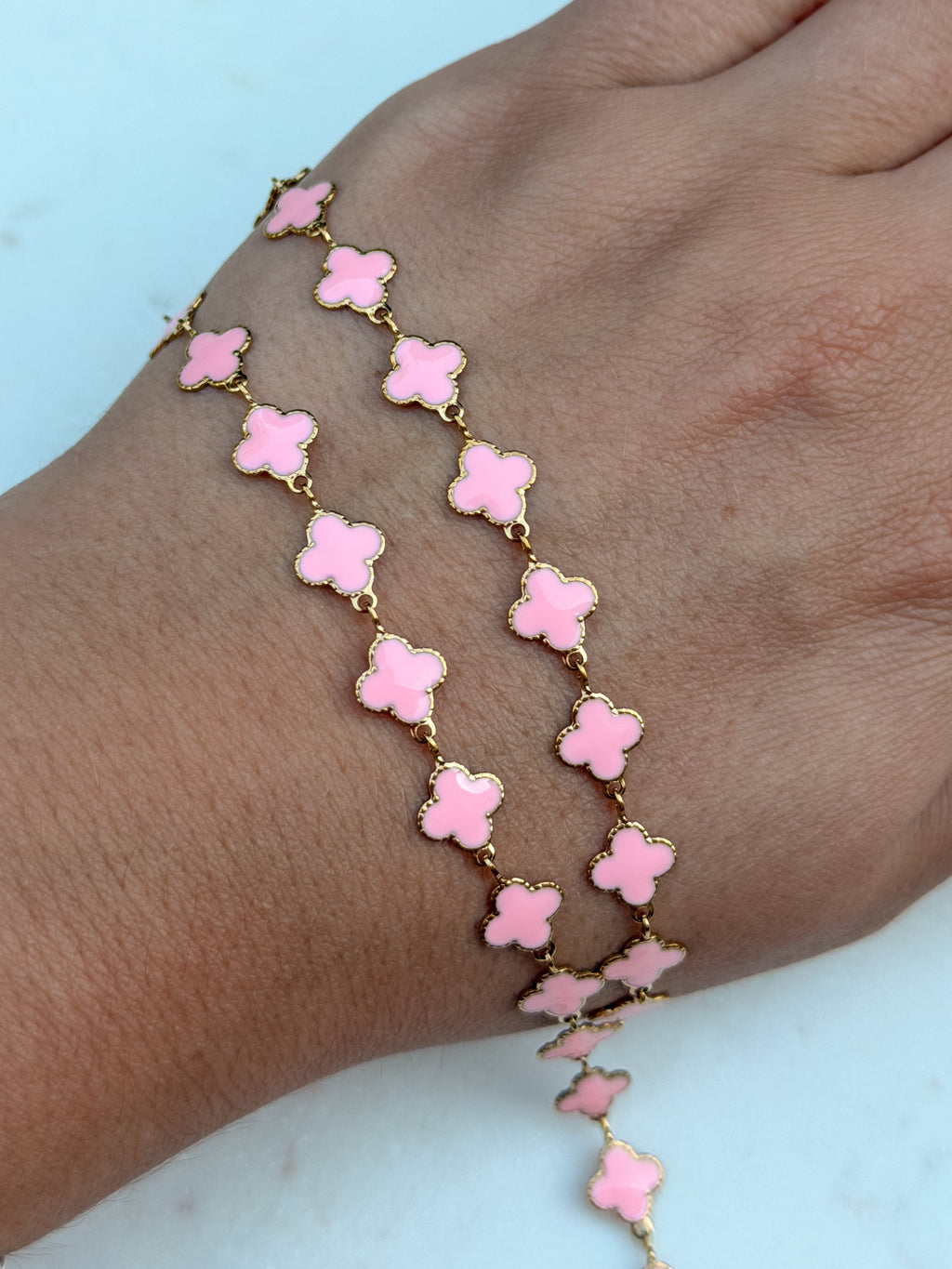 Stainless Steel Gold Pink Enamel Clover