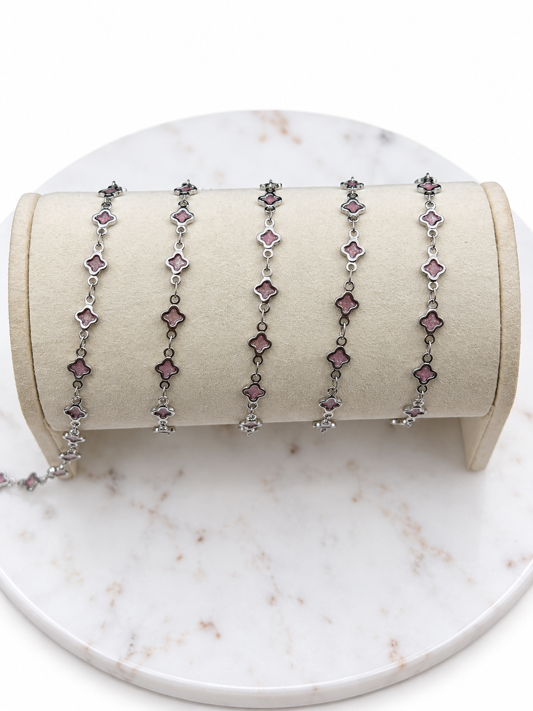 Stainless Steel Silver Pink Enamel Clover Chain