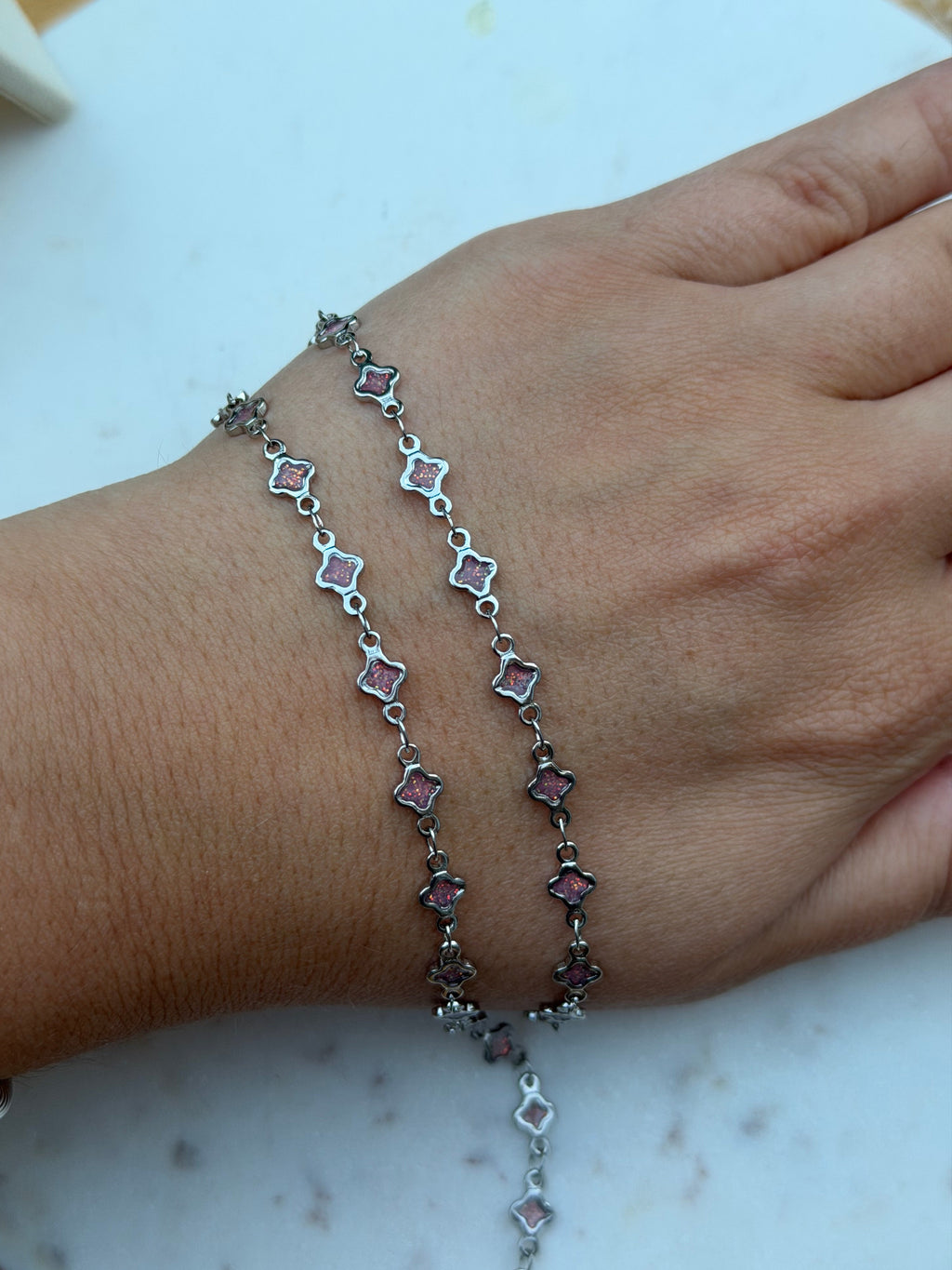 Stainless Steel Silver Pink Enamel Clover Chain