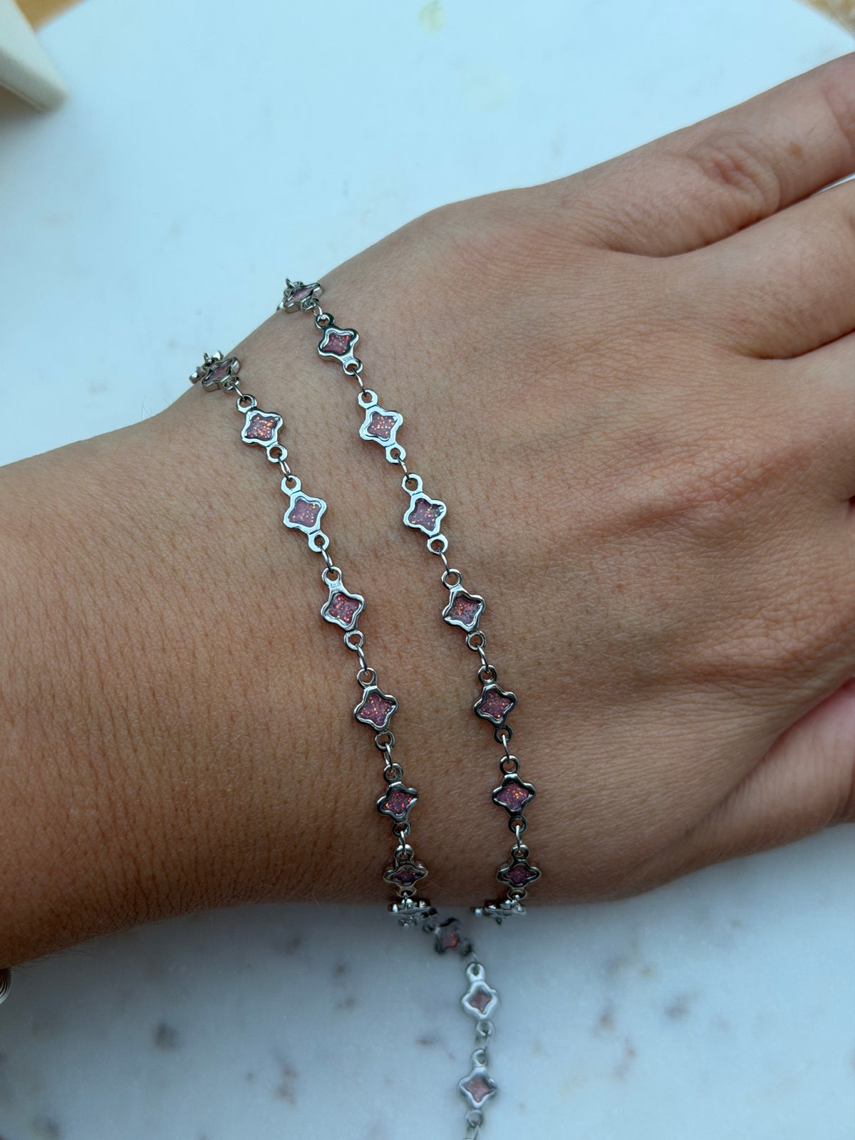 Stainless Steel Silver Pink Enamel Clover Chain