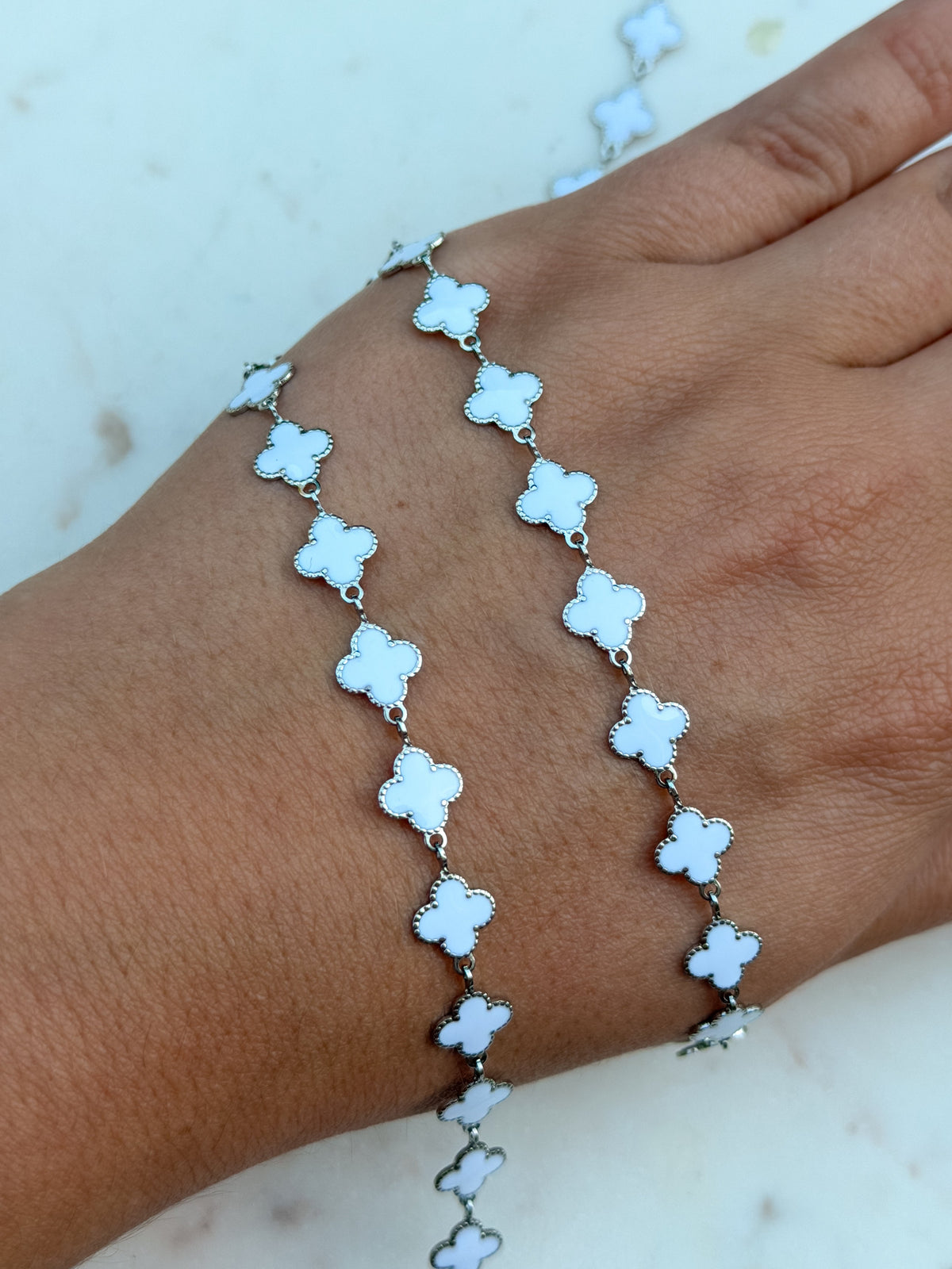 Stainless Steel Silver White Enamel Clover