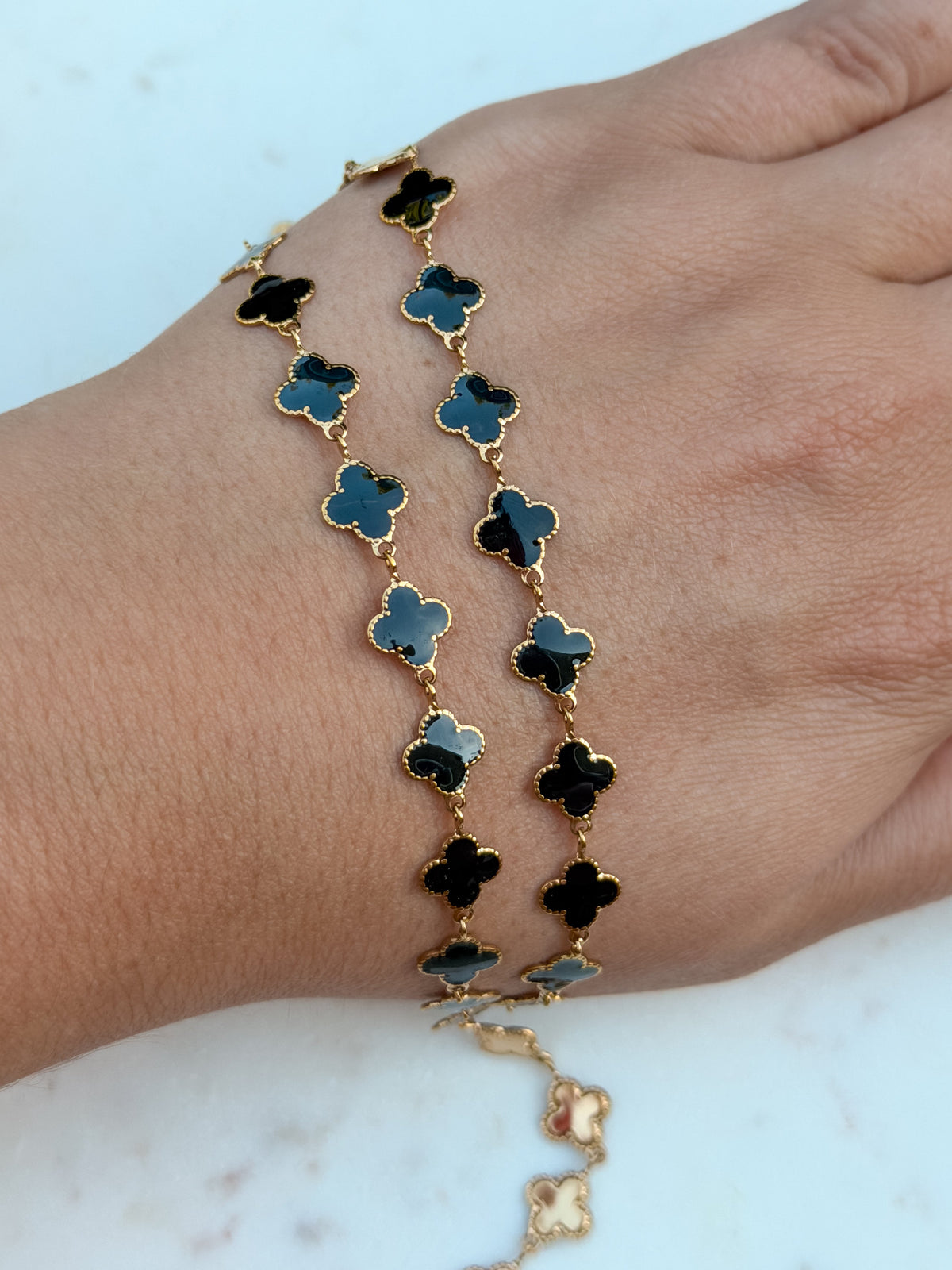 Stainless Steel Gold Black Enamel Clover