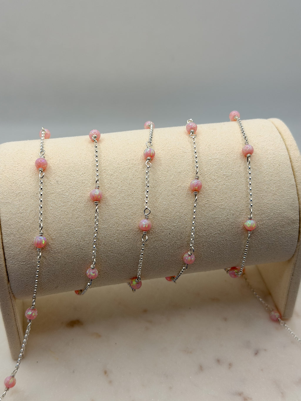 Sterling Silver 4mm Pink Opal Rolo Chain