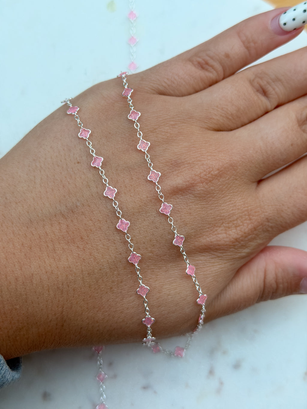 4.3mm Sterling Silver Pink Enamel 1:5 Ratio Clover Chain