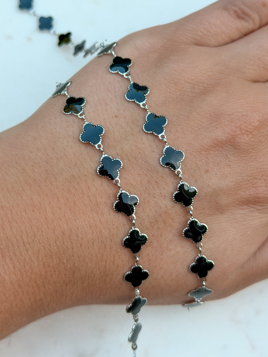 Stainless Steel Silver Black Enamel Clover