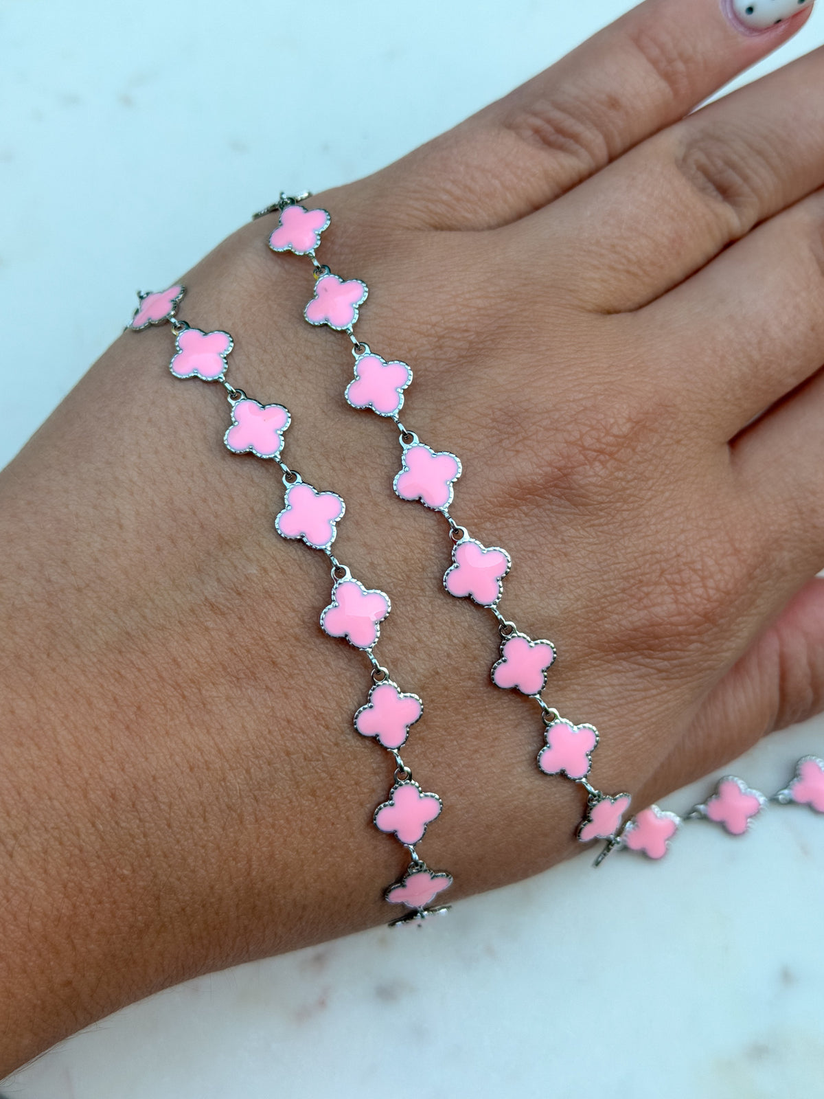 Stainless Steel Silver Pink Enamel Clover