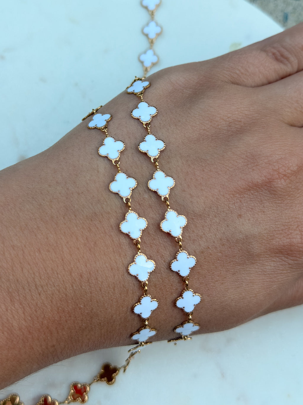 Stainless Steel Gold White Enamel Clover