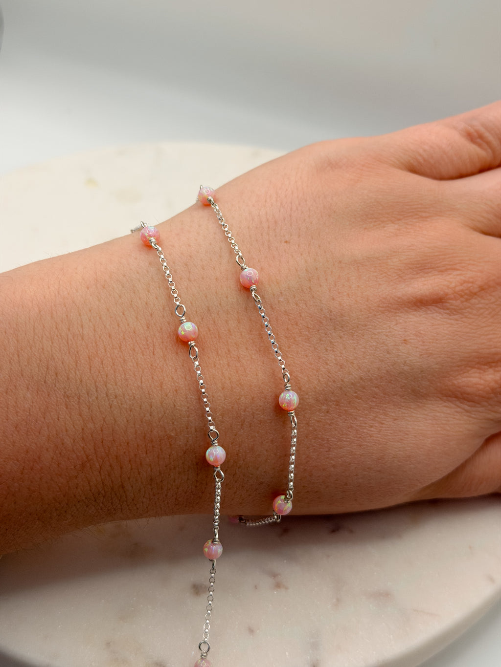 Sterling Silver 4mm Pink Opal Rolo Chain