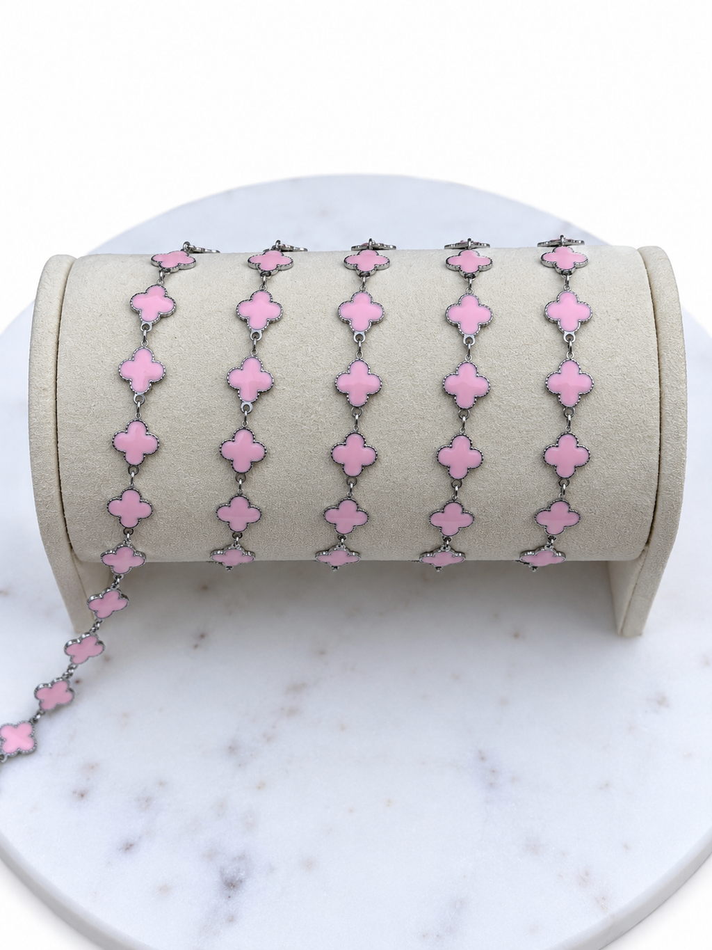 Stainless Steel Silver Pink Enamel Clover