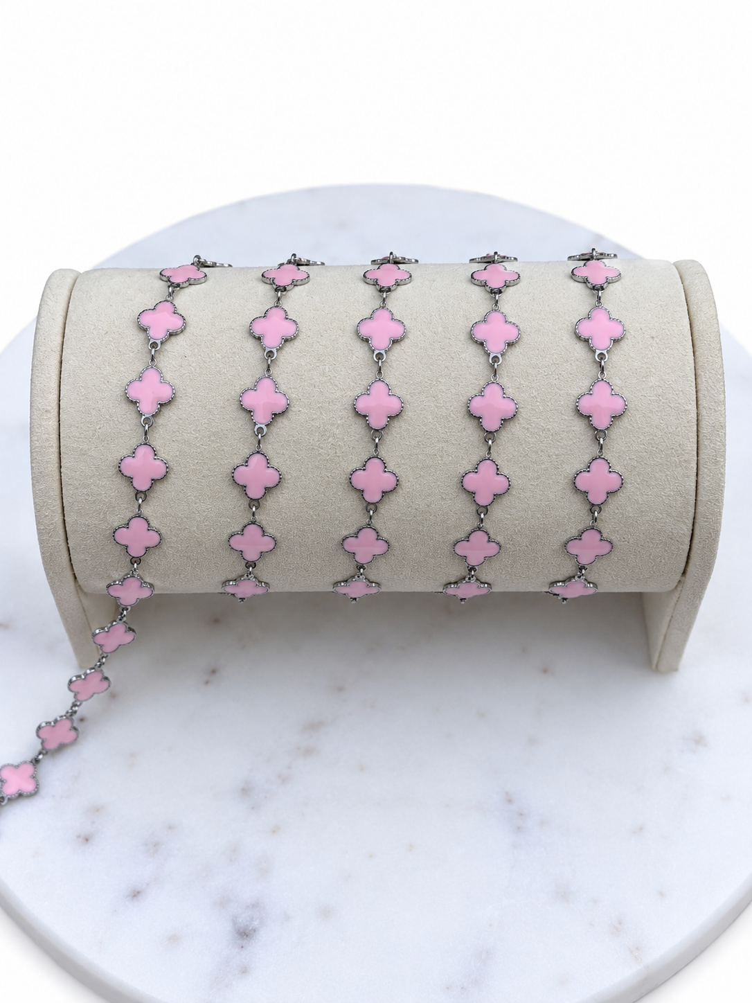 Stainless Steel Silver Pink Enamel Clover